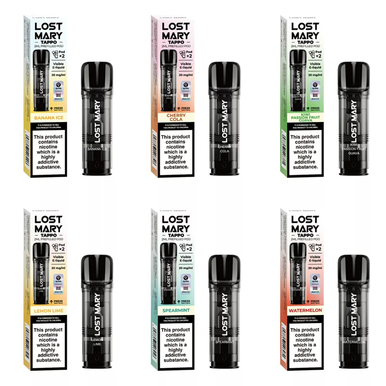 10 x LOST MARY TAPPO PODS REPLACEABLE PRE-FILLED 2 Pk 20MG 2ML 1 box 20 pods